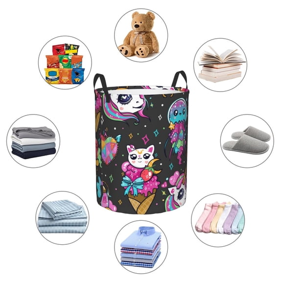 Picia Cat Icecream Large Laundry Basket, Waterproof, Freestanding Laundry Hamper, Collapsible Tall Clothes Hamper with Extended Handles-