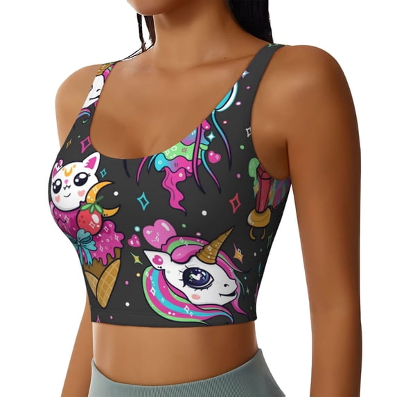 Picia Cat Icecream Sports Bra for Women,Padded Strappy Sports Bras Medium Support Yoga Bra with Removable Cups,Running Yoga Bra-