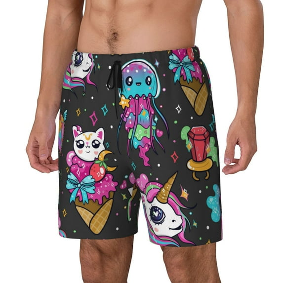 Picia Cat Icecream pattern Mens Swim Trunks with Compression Liner Stretch Beach Shorts Quick Dry with Zipper Pockets No-Chafing Board Shorts-