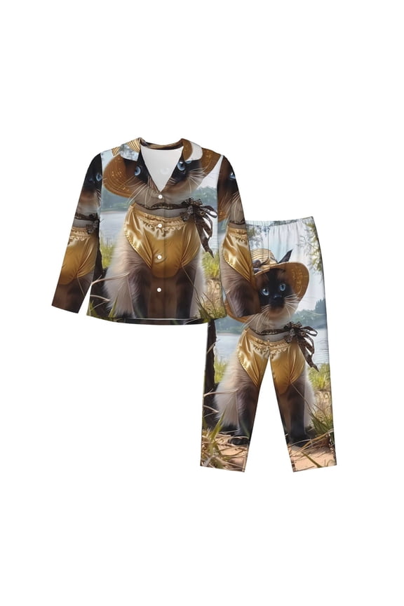 Cat In Sun Hat Pattern Women’s Long-Sleeve Sleepwear Set - Soft 2-Piece Loungewear with Pockets, Comfy PJs for Relaxing Nights-Small