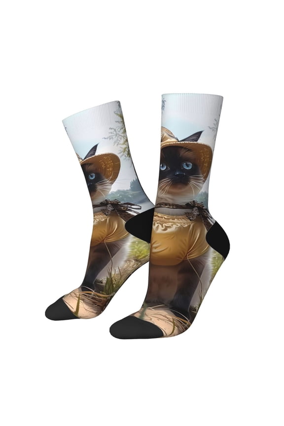 Cat In Sun Hat Print Athletic Socks for Men & Women – Cushioned Moisture-Wicking Crew Socks for Sports, Running, and Training, Soft & Breathable Size 5-11