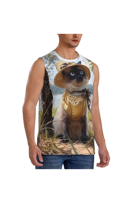 Cat In Sun Hat mens Cotton Tank Undershirts , Moisture-wicking Ribbed Tanks, Lightweight Cotton Tank Undershirts-Small