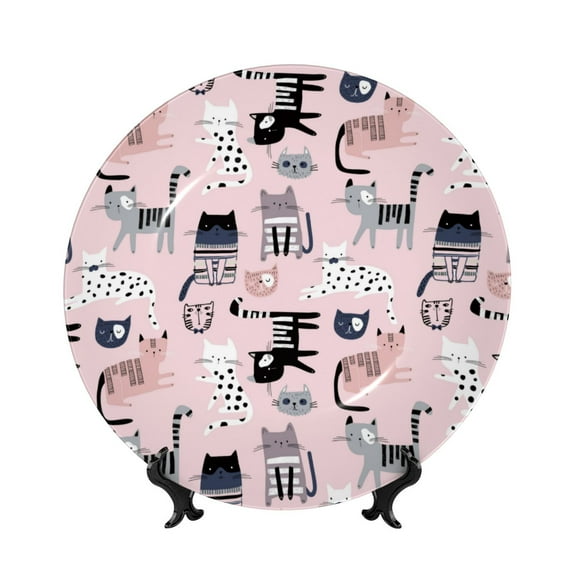 Picia Cat Pattern Bone China Decorative Plate – Wall Decor with Stand and Adhesive, Elegant Ornament for Living Room, Office, or Entryway-8in
