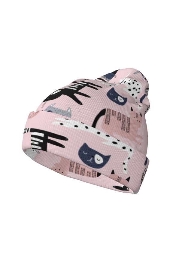 Cat Pattern Knitted Beanie Hat for Men and Women , Unisex Winter Warm Stretchy Knit Cap Thick Fisherman Beanies Cuffed Plain Skull Caps