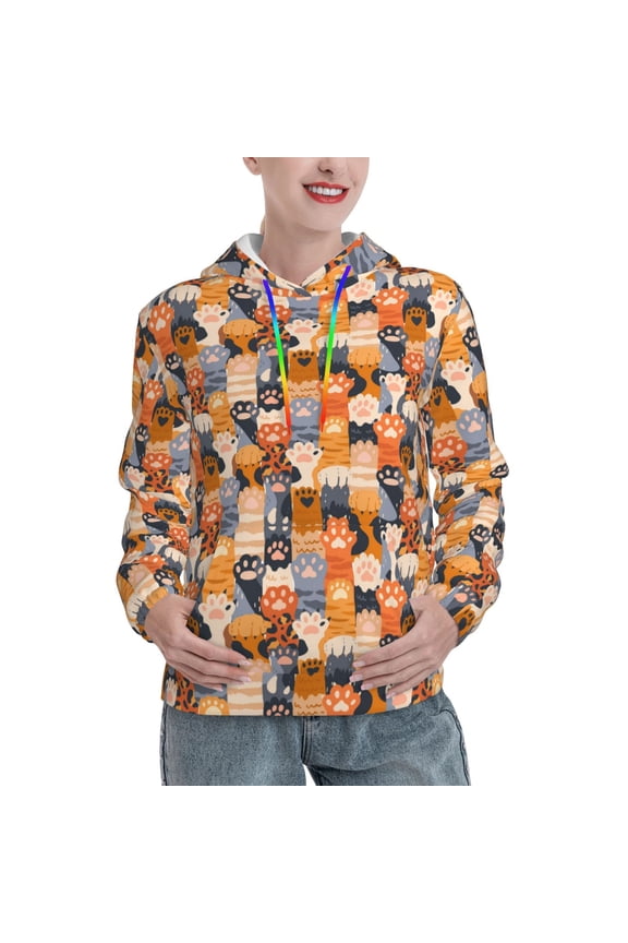 Cat Paws Pattern Casual Women's Hoodie, Hooded Sweatshirt with Kangaroo Pocket, Comfortable Pullover with Eye-catching Drawstrings-Large