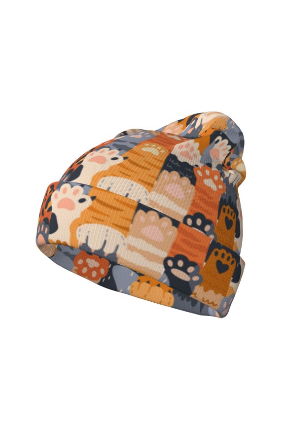 Cat Paws Pattern Knitted Beanie Hat for Men and Women , Unisex Winter Warm Stretchy Knit Cap Thick Fisherman Beanies Cuffed Plain Skull Caps
