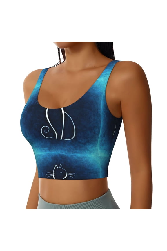 Cat Sketch Sports Bra for Women,Padded Strappy Sports Bras Medium Support Yoga Bra with Removable Cups,Running Yoga Bra-Medium