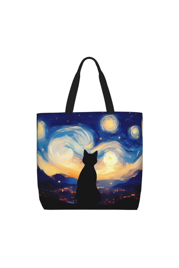 Cat Under Starry Skies for Tote Bag for Women with Zipper, Gym Tote with Compartments, Laptop Work Tote Nurse Dance Yoga Bag for Sport, Travel