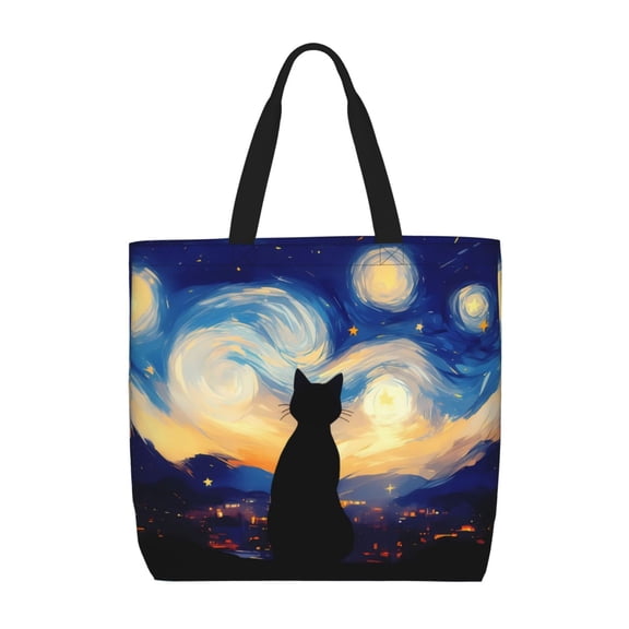 Picia Cat Under Starry Skies for Tote Bag for Women with Zipper, Gym Tote with Compartments, Laptop Work Tote Nurse Dance Yoga Bag for Sport, Travel
