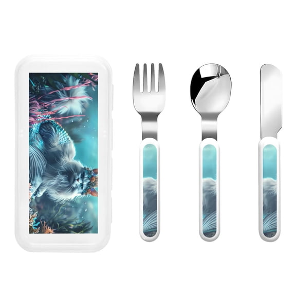 Picia Cat Underwater Fantasy Print Children's Knife, Fork And Spoon Set - Kids Knife Fork Spoon - Stainless Steel Kids Silverware Set - Metal Kids Cutlery Set