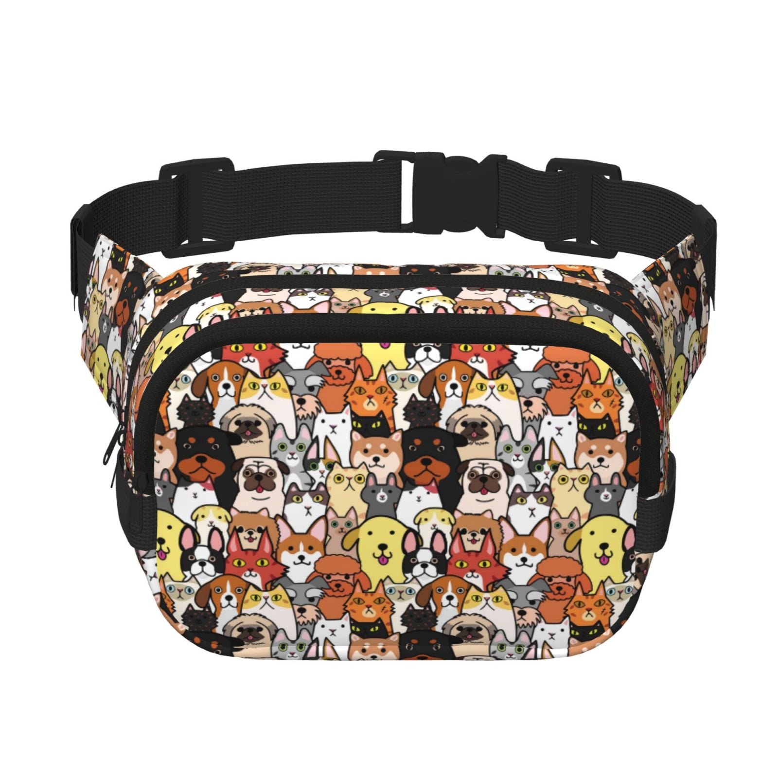 Picia Cats & Dogs Group Print Square Double-Layer Waist Bag Mini Adjustable Waist Belt Bag Exercise Running Travel Hiking
