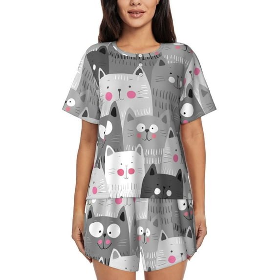 Picia Cats Group Pajamas Sets for Women Soft Short-Sleeved Pjs with Lounge Shorts Two Piece Sleepwear-Large