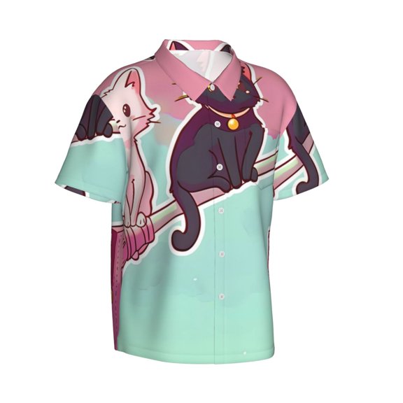 Picia Cats On Broomstick Gentle Cotton Regular Fit Short Sleeve Casual Hawaiian Shirt for Men-Medium