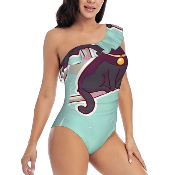 Picia Cats On Broomstick Pattern Women's One Piece Swimsuits,One Shoulder Swimwear Asymmetric ,Ruffle Monokinis Bathing Suits,High Waisted Flattering Bathing Suits-Small