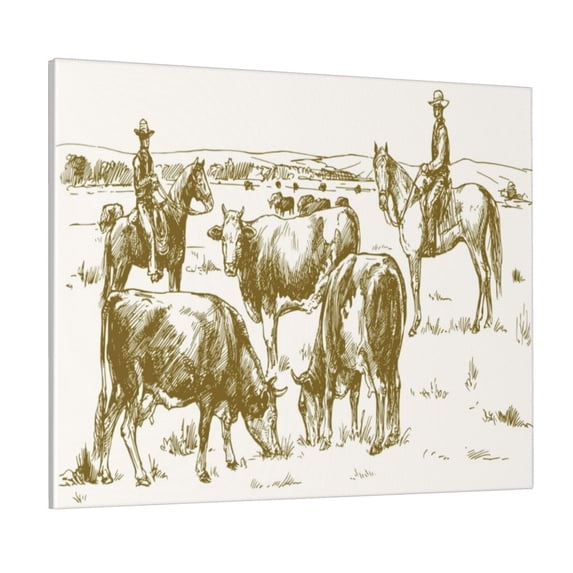 Picia Cattle Drive By Two Cowboys 1 Pattern Decorative Picture – Unique Wall Art, Modern Canvas Print for Trendy Interiors (Horizontal)