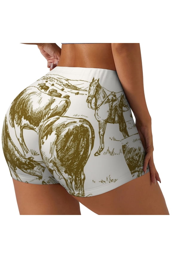 Cattle Drive By Two Cowboys 1 Printed Workout Shorts for Women Seamless Scrunch Butt Lifting High Waisted Yoga Gym Booty Running Moisture-wicking Short Pants-XX-Large
