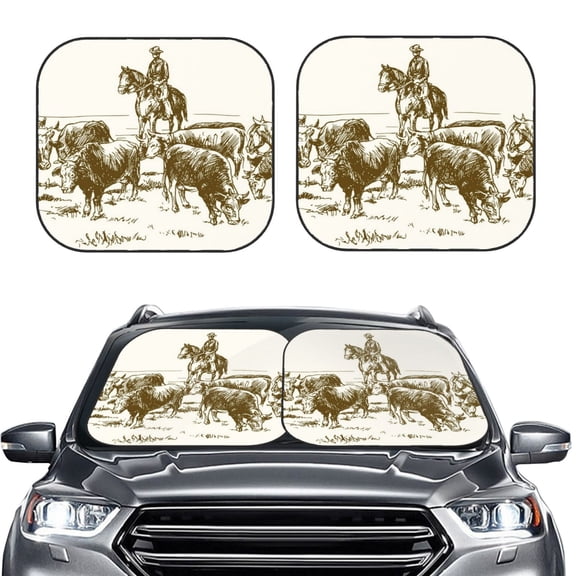 Picia Cattle Drive By Two Cowboys 2 Piece Car Windshield Sun Shade Foldable | Foldable Sun Shield for Front Window Blocks UV Rays and Keeps Your Vehicle Cool-Large