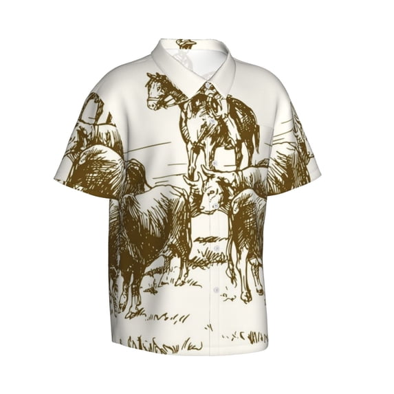 Picia Cattle Drive By Two Cowboys Gentle Cotton Regular Fit Short Sleeve Casual Hawaiian Shirt for Men-Large