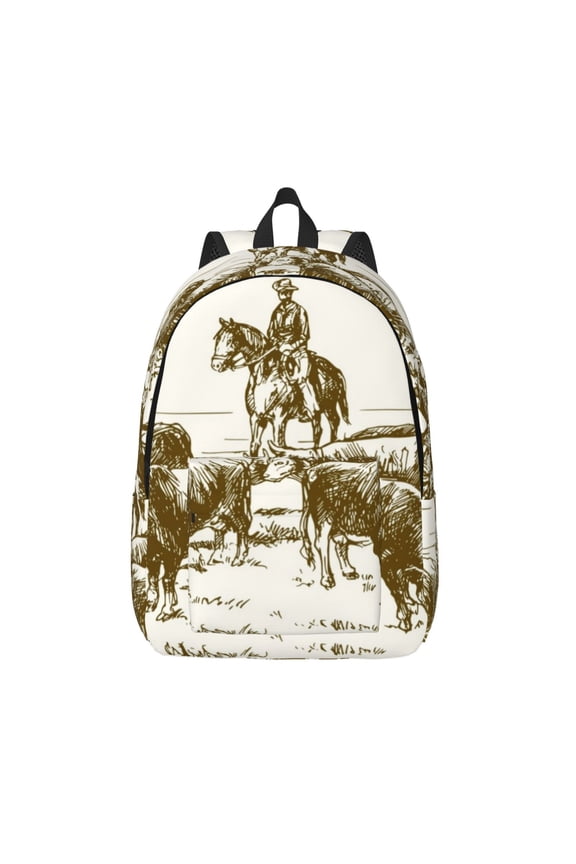 Cattle Drive By Two Cowboys Printed Canvas Daypack - Stylish and Durable Vintage Compact Backpack - Class, Work, Travel, or Laptop Bookbag,Organized Compartments-Small