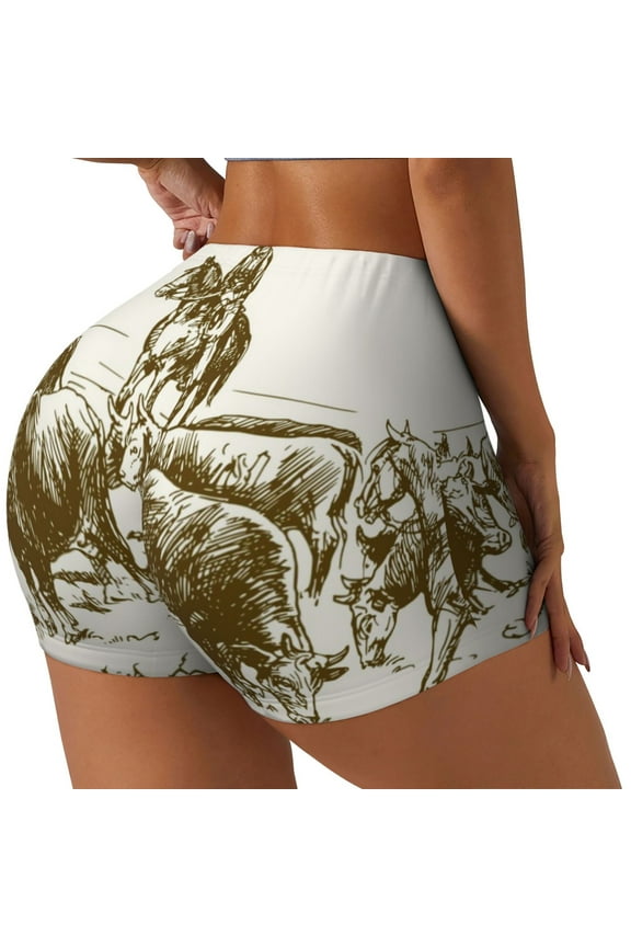 Cattle Drive By Two Cowboys Printed Workout Shorts for Women Seamless Scrunch Butt Lifting High Waisted Yoga Gym Booty Running Moisture-wicking Short Pants-Large