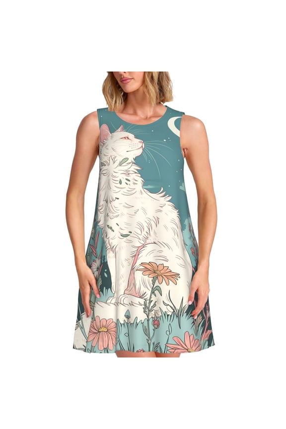 Celestial Cat And Flowers Print Women’s Sleeveless Midi Swing Dress – A-Line Pleated Tank Sundress, Comfortable and Flowy T-Shirt Dress