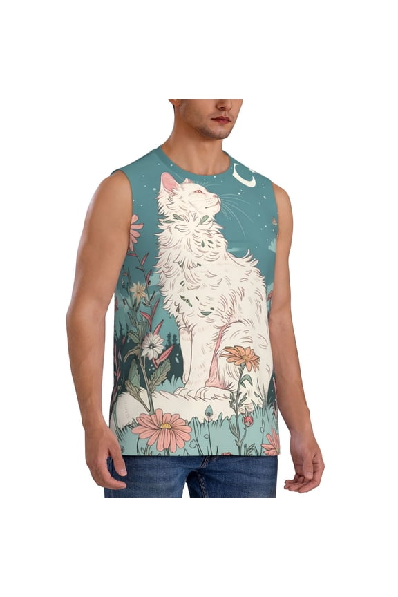 Celestial Cat And Flowers mens Cotton Tank Undershirts , Moisture-wicking Ribbed Tanks, Lightweight Cotton Tank Undershirts-Medium