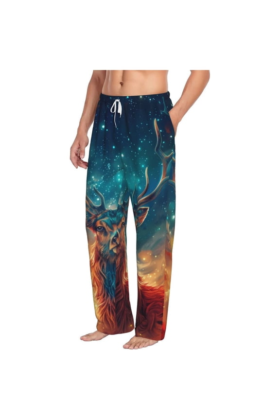 Celestial Stag Cosmic Glow Mens Soft Woven Cotton Elastic Waistband Sleep Pajama Pant Lounge Sleep Pant With Pockets And Drawstring-Large