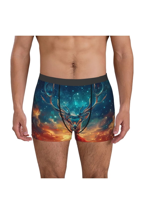 Celestial Stag Cosmic Glow Pattern Men’s Boxer Briefs – Soft & Breathable Underwear, Stretchy & Comfortable Fit, Supportive Pouch Design, Moisture-Wicking-Medium