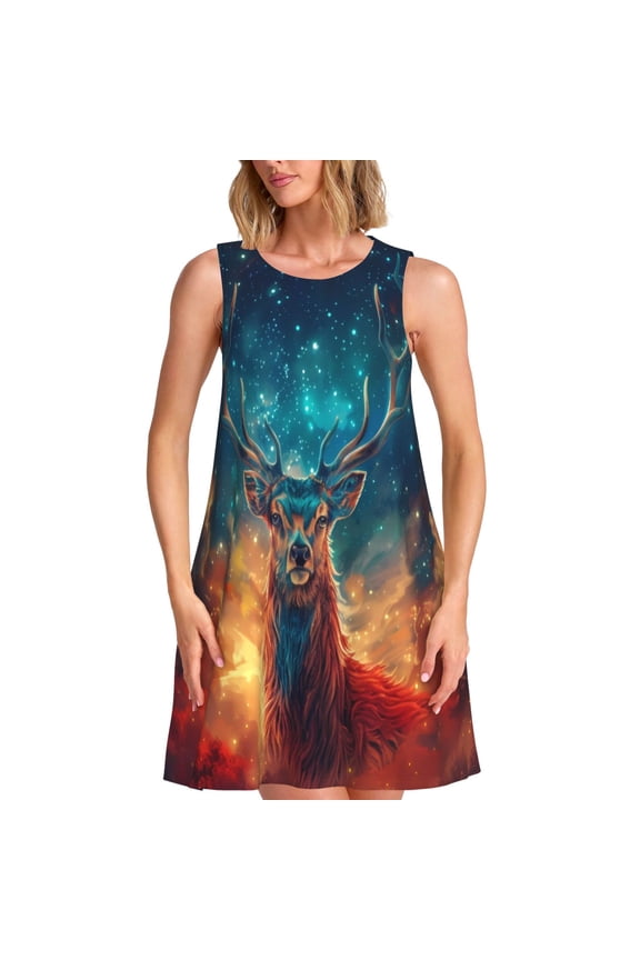 Celestial Stag Cosmic Glow Print Women’s Sleeveless Midi Swing Dress – A-Line Pleated Tank Sundress, Comfortable and Flowy T-Shirt Dress
