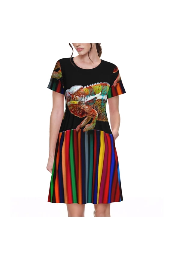 Chameleon Panther On Colored Pencils Pattern Women's Short Sleeve Summer Dress Pleated Loose Swing Knee Length Short Sleeve Swing Dresses