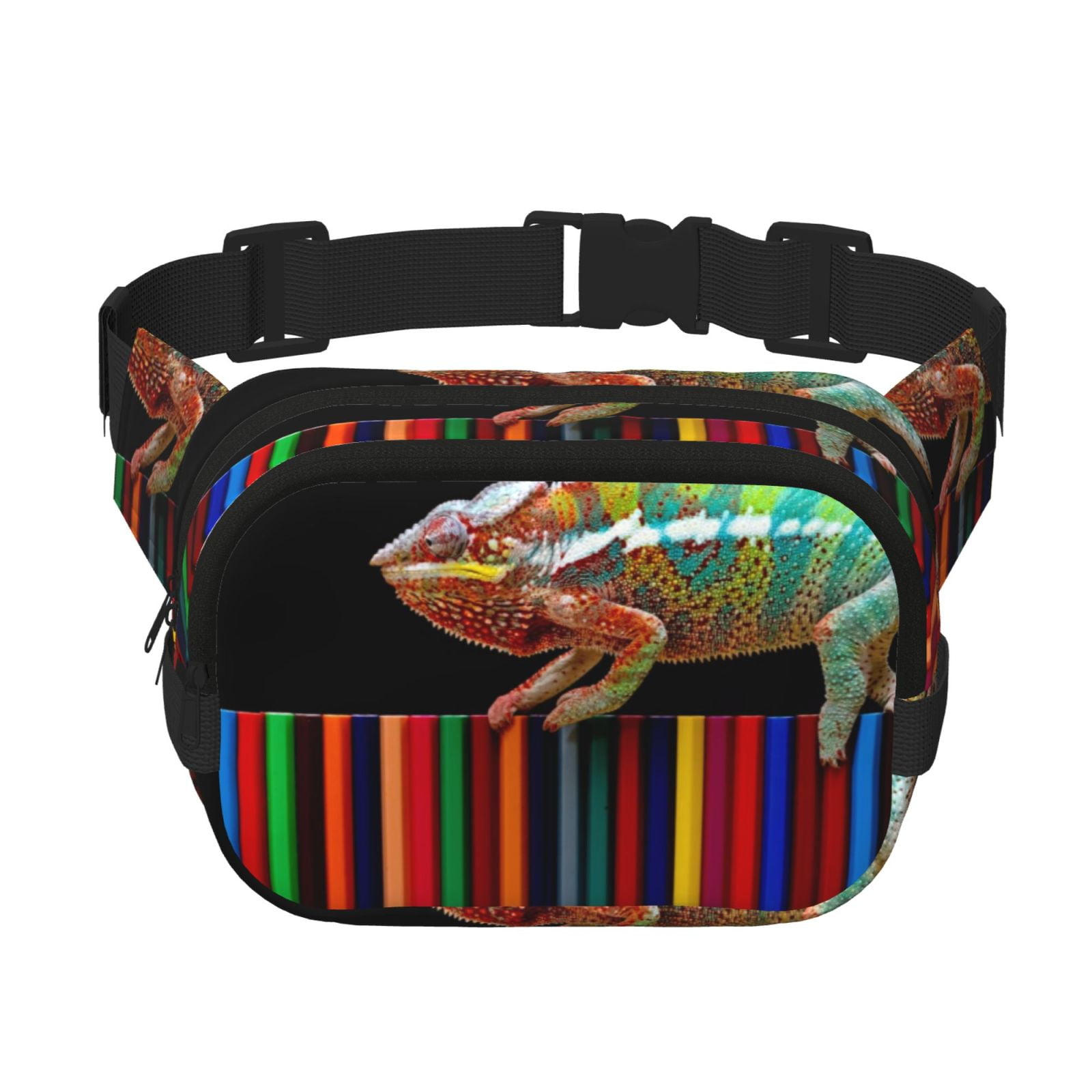 Picia Chameleon Panther On Colored Pencils Print Square Double-Layer Waist Bag Mini Adjustable Waist Belt Bag Exercise Running Travel Hiking