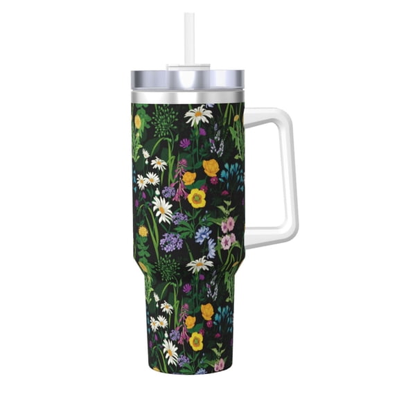 Picia Chamomile Pattern 40oz Ice Bully Insulated Tumbler with Handle, Double-Wall Stainless Steel Cup, Leak-Proof Lid and Straw