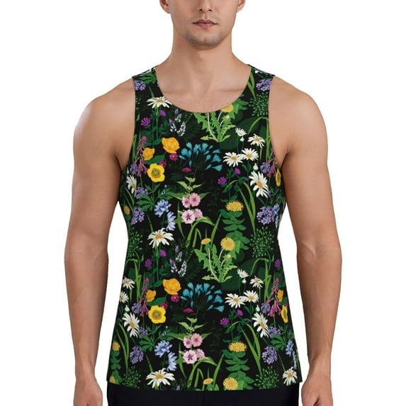 Picia Chamomile Printed Men’s Performance Tank, Men's Workout Tank Top Moisture-Wicking Tank Top Muscle tee, Breathable Workout Shirt-Large