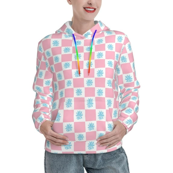 Picia Checkerboard With Snowflake Pattern Casual Women's Hoodie, Hooded Sweatshirt with Kangaroo Pocket, Comfortable Pullover with Eye-catching Drawstrings-Large