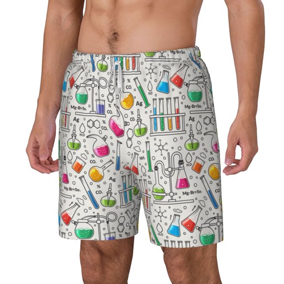 Picia Chemical Flasks And Test Tubes pattern Mens Swim Trunks with Compression Liner Stretch Beach Shorts Quick Dry with Zipper Pockets No-Chafing Board Shorts-Medium