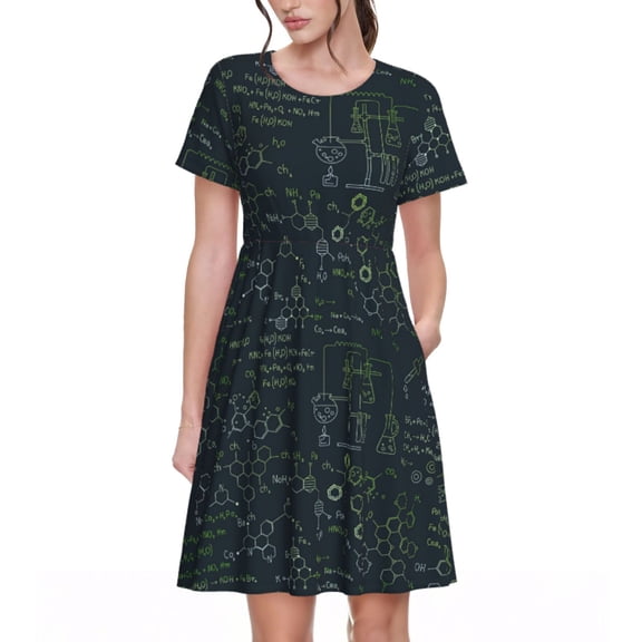 Picia Chemistry Formulas 2 Pattern Women's Short Sleeve Summer Dress Pleated Loose Swing Knee Length Short Sleeve Swing Dresses