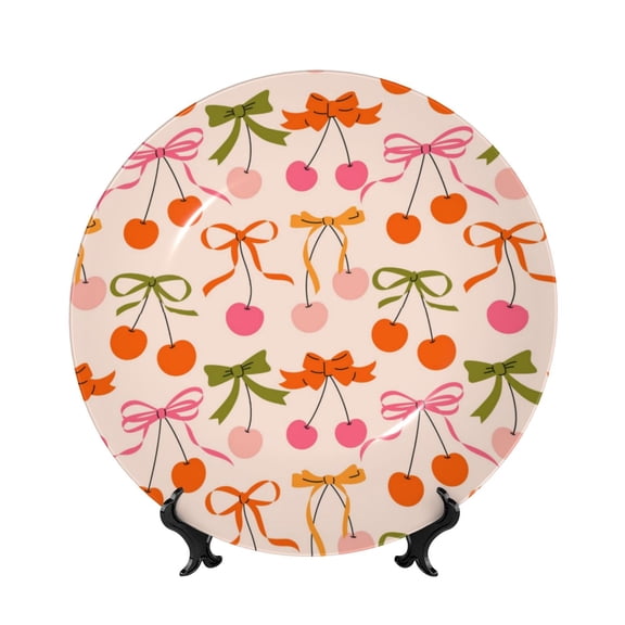 Picia Cherries And Bows Pattern Bone China Decorative Plate – Wall Decor with Stand and Adhesive, Elegant Ornament for Living Room, Office, or Entryway-6in