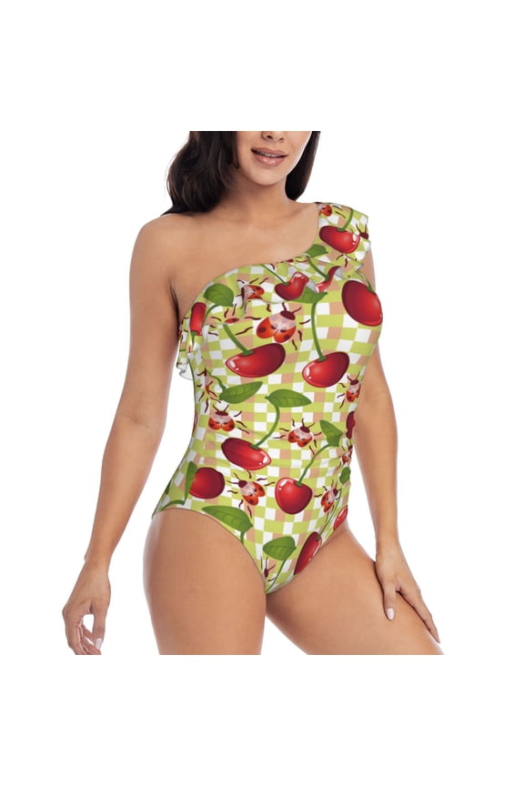 Cherries and Ladybirds Pattern Women's One Piece Swimsuits,One Shoulder Swimwear Asymmetric ,Ruffle Monokinis Bathing Suits,High Waisted Flattering Bathing Suits-