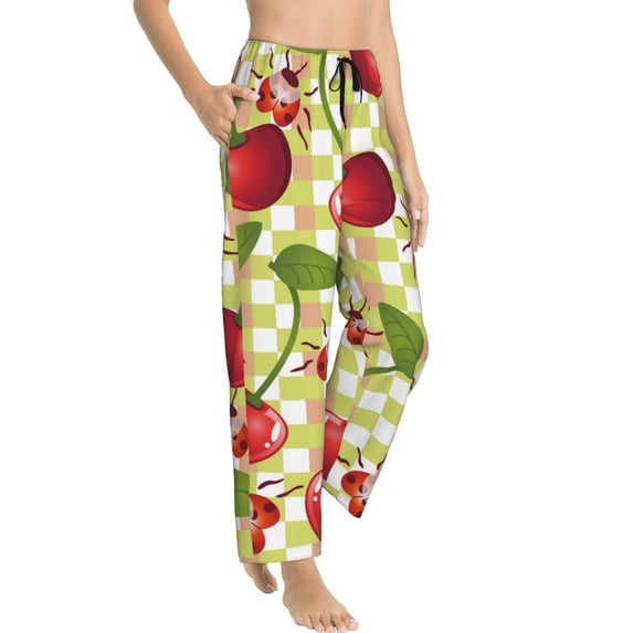 Picia Cherries and Ladybirds Womens Soft Woven Cotton Elastic Waistband Sleep Pajama Pant Lounge Sleep Pant With Pockets And Drawstring-Small