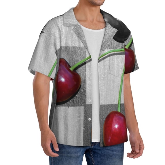 Picia Cherries laid Men's Linen Shirts Short Sleeve Cuban Beach Shirts Casual Shirts Button Down Shirt for Men Beach Summer Wedding Shirt-XX-Large