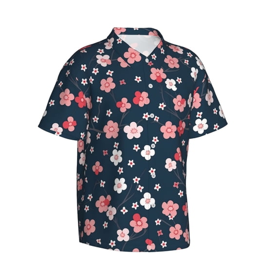 Picia Cherry Blossoms Gentle Cotton Regular Fit Short Sleeve Casual Hawaiian Shirt for Men-Small
