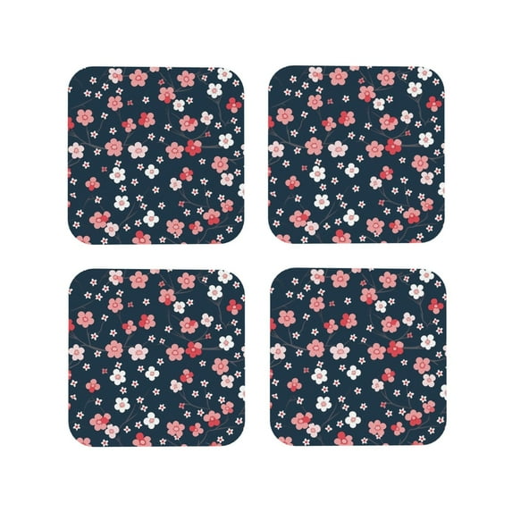 Picia Cherry Blossoms Printed Leather Coasters for Drinks, 4" Drink Coasters Set of 4 for Tabletop Protection, Handmade Luxurious Home Décor and Housewarming Gift -Square