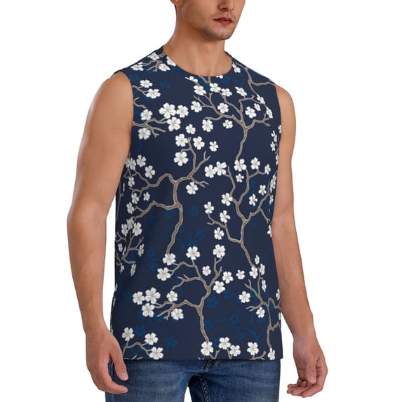 Picia Cherry Blossoms on Navy Background mens Cotton Tank Undershirts , Moisture-wicking Ribbed Tanks, Lightweight Cotton Tank Undershirts-Large