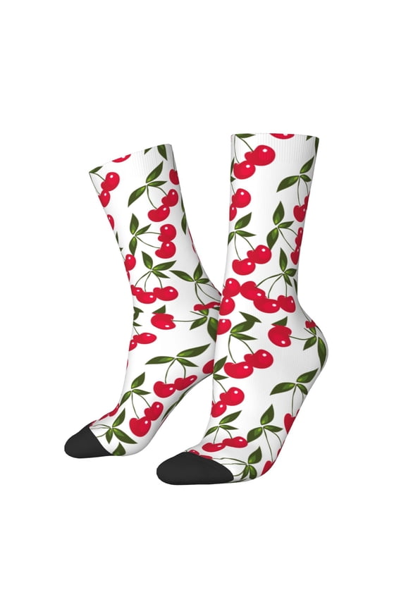 Cherry Print Athletic Socks for Men & Women – Cushioned Moisture-Wicking Crew Socks for Sports, Running, and Training, Soft & Breathable Size 5-11