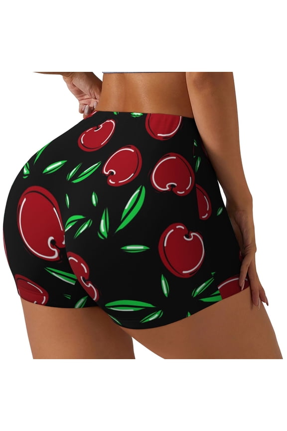Cherry Printed Workout Shorts for Women Seamless Scrunch Butt Lifting High Waisted Yoga Gym Booty Running Moisture-wicking Short Pants-Medium