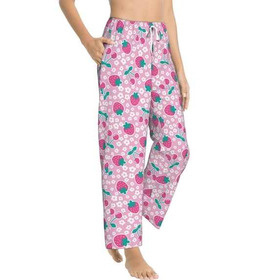 Picia Cherry Strawberry Womens Soft Woven Cotton Elastic Waistband Sleep Pajama Pant Lounge Sleep Pant With Pockets And Drawstring-Medium
