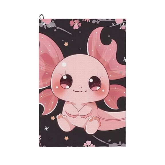 Picia Chibi Axolotl Sakura Fantasy Microfiber Golf Towel (24" X 16") with Carabiner Clip, Waffle Pattern Hook - Golf Accessories and Gifts, Father's Day, Christmas, Birthday Gift