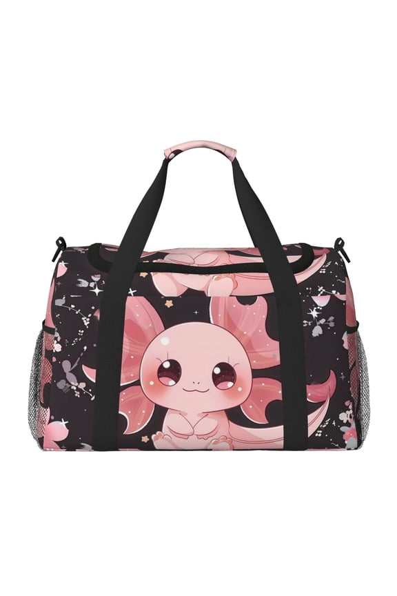 Chibi Axolotl Sakura Fantasy Print Travel Duffle Bag,Weekender Bags for Women with Shoe Compartment, Gym Duffel Bag with Wet Pocket, Hospital Bags for Labor and Delivery