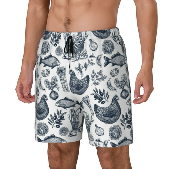 Picia Chicken And Fish pattern Mens Swim Trunks with Compression Liner Stretch Beach Shorts Quick Dry with Zipper Pockets No-Chafing Board Shorts-XX-Large