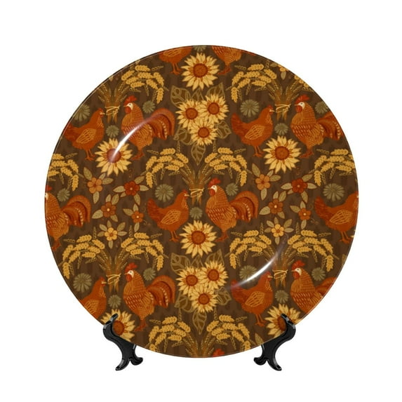 Picia Chicken And Rooster Pattern Bone China Decorative Plate – Wall Decor with Stand and Adhesive, Elegant Ornament for Living Room, Office, or Entryway-7in